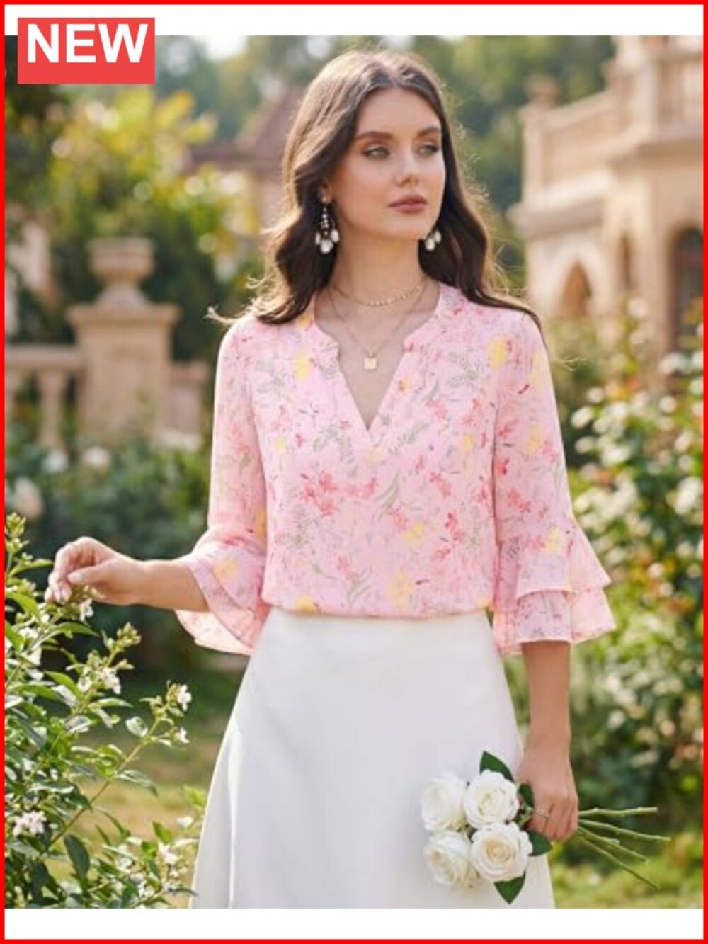 Double Layered Chiffon Tunic Top with 3/4 Flutter Bell Sleeves - Picture 4 of 6
